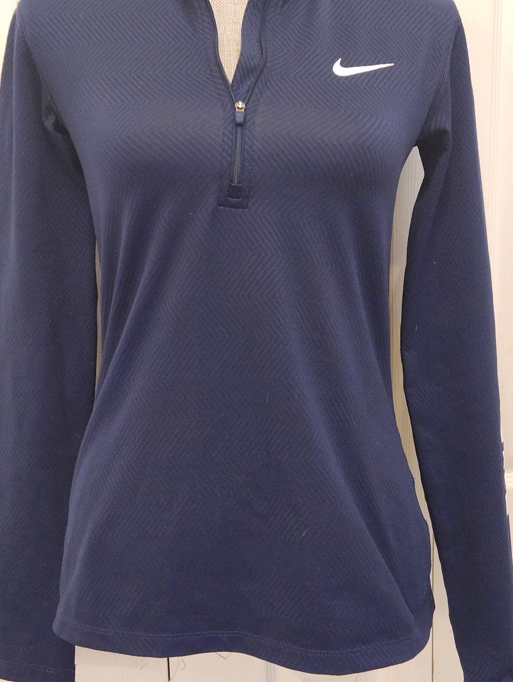 Nike Pro Dri Fit Navy Long-Sleeve Quarter-Zip Top with White Swoosh,  NIKE Logo